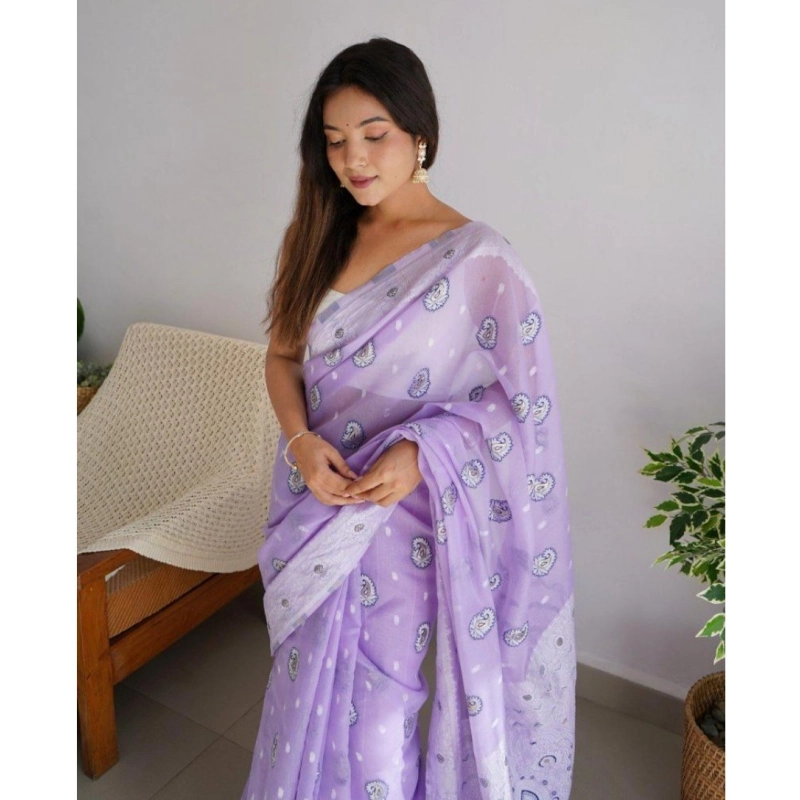Women's Cotton Printed Saree With Unstitched Blouse 5.5Mtr (Lavender) Women's Cotton Printed Saree With Unstitched Blouse 5.5Mtr (Lavender)