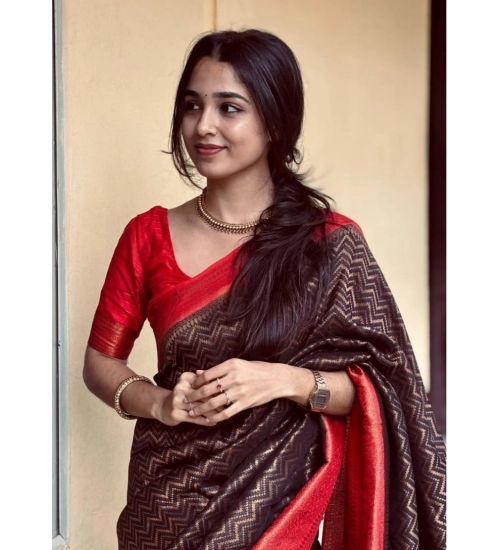 Generic Women's Silk Printed Saree With Unstitched Blouse 5.5Mtr (Brown)