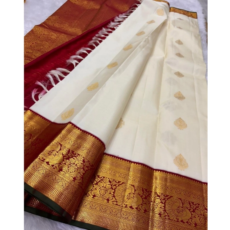 Women's Silk Printed Saree With Unstitched Blouse 5.5Mtr (Off White-Red)