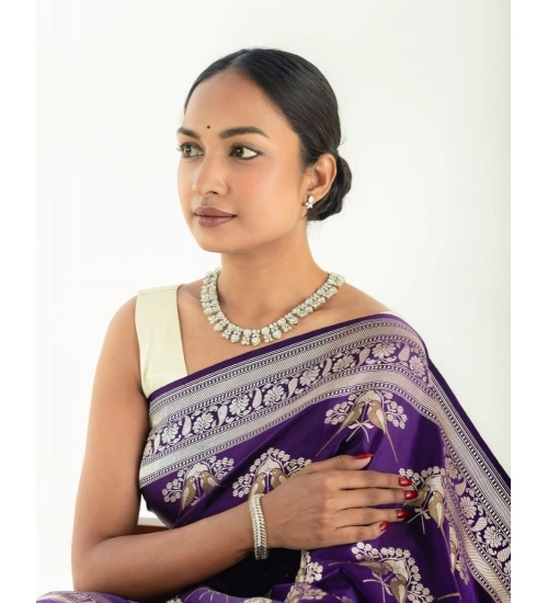 Generic Women's Silk Printed Saree With Unstitched Blouse 5.5Mtr (Purple)