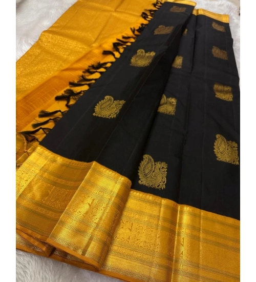 Generic Women's Silk Printed Saree With Unstitched Blouse 5.5Mtr (Black)
