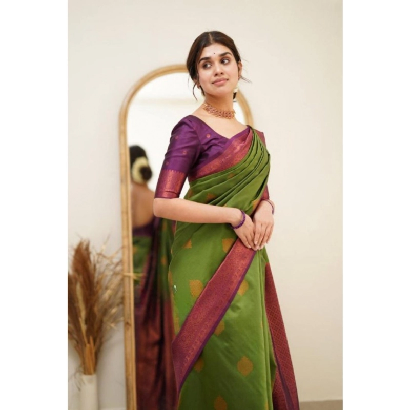 Women's Silk Printed Saree With Unstitched Blouse 5.5Mtr (Green)