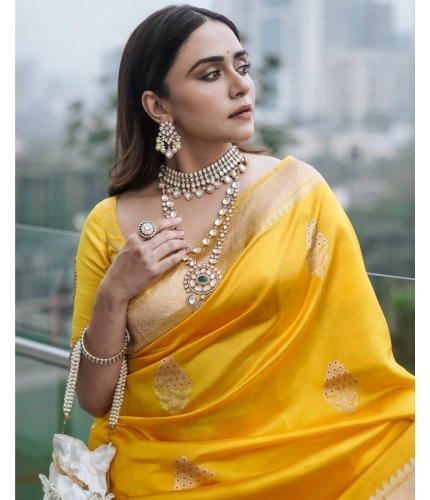 Generic Women's Silk Printed Saree With Unstitched Blouse 5.5Mtr (Yellow)