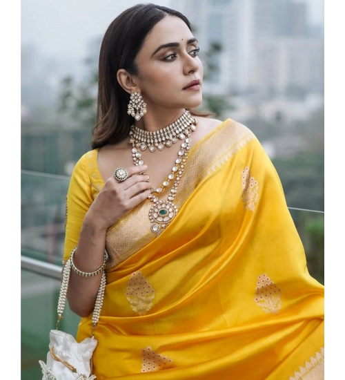 Generic Women's Silk Printed Saree With Unstitched Blouse 5.5Mtr (Yellow)