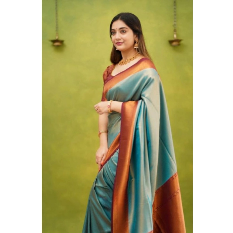 Women's Silk Printed Saree With Unstitched Blouse 5.5Mtr (Rama) Women's Silk Printed Saree With Unstitched Blouse 5.5Mtr (Rama)