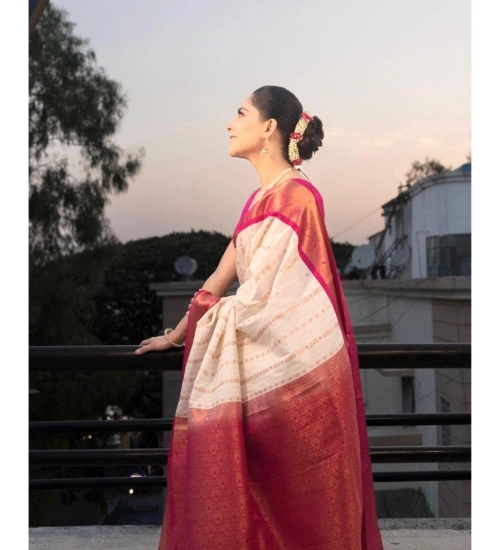 Generic Women's Silk Printed Saree With Unstitched Blouse 5.5Mtr (White-Pink)