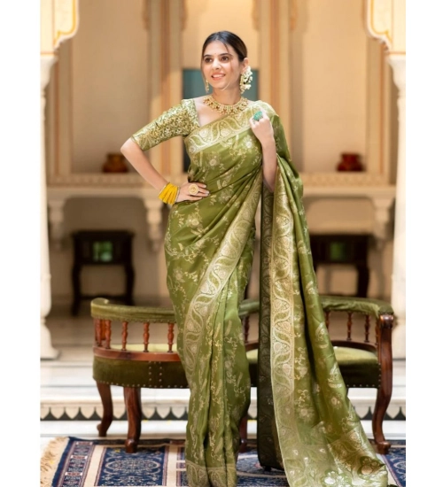 Generic Women's Silk Printed Saree With Unstitched Blouse 5.5Mtr (Olive Green)