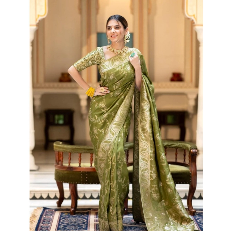 Women's Silk Printed Saree With Unstitched Blouse 5.5Mtr (Olive Green) Women's Silk Printed Saree With Unstitched Blouse 5.5Mtr (Olive Green)