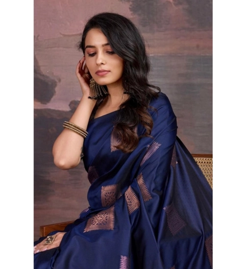 Generic Women's Silk Printed Saree With Unstitched Blouse 5.5Mtr (Navy Blue)
