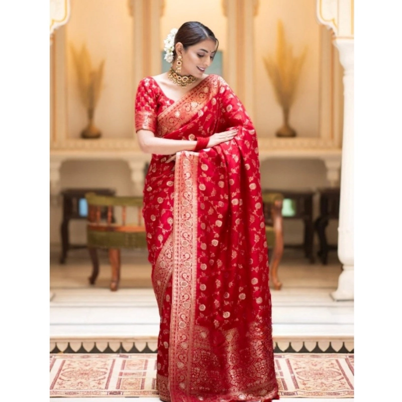 Women's Silk Printed Saree With Unstitched Blouse 5.5Mtr (Red)