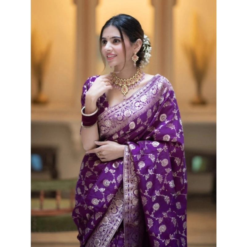 Women's Silk Printed Saree With Unstitched Blouse 5.5Mtr (Purple) Women's Silk Printed Saree With Unstitched Blouse 5.5Mtr (Purple)