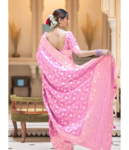 Generic Women's Silk Printed Saree With Unstitched Blouse 5.5Mtr (Pink)