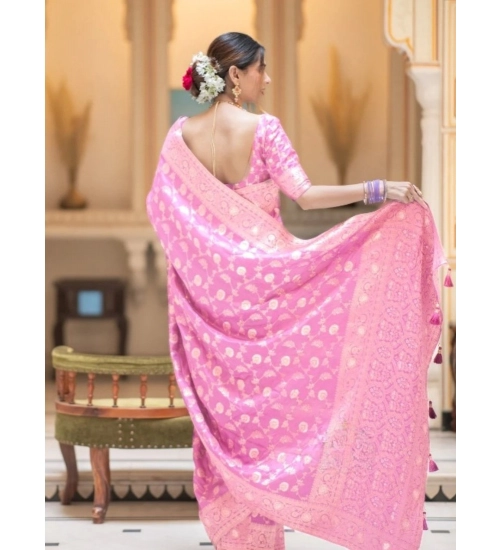 Generic Women's Silk Printed Saree With Unstitched Blouse 5.5Mtr (Pink)
