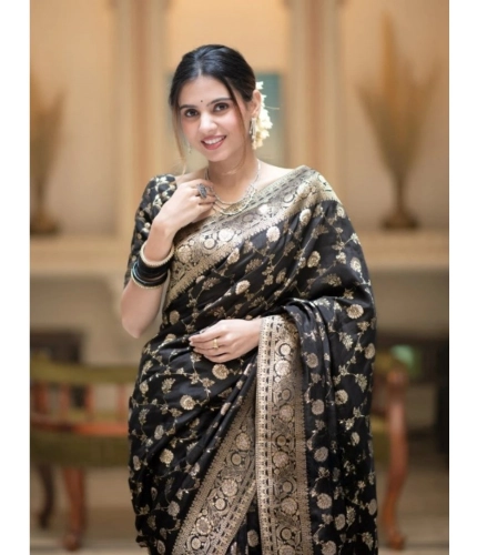 Generic Women's Silk Printed Saree With Unstitched Blouse 5.5Mtr (Black) Generic Women's Silk Printed Saree With Unstitched Blouse 5.5Mtr (Black)