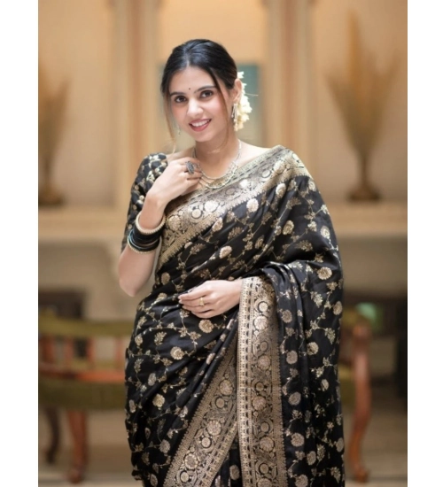 Generic Women's Silk Printed Saree With Unstitched Blouse 5.5Mtr (Black)