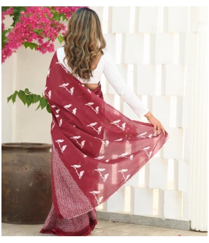Generic Women's Silk Printed Saree With Unstitched Blouse 5.5Mtr (Maroon)