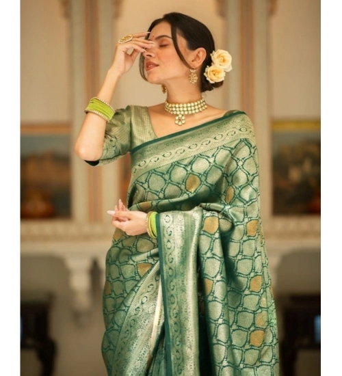 Generic Women's Silk Printed Saree With Unstitched Blouse 5.5Mtr (Green)