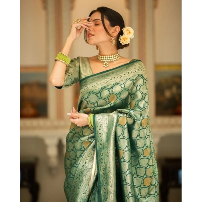 Women's Silk Printed Saree With Unstitched Blouse 5.5Mtr (Green)