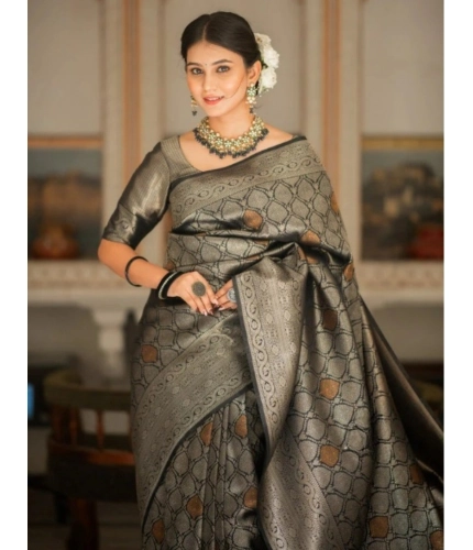 Generic Women's Silk Printed Saree With Unstitched Blouse 5.5Mtr (Black)