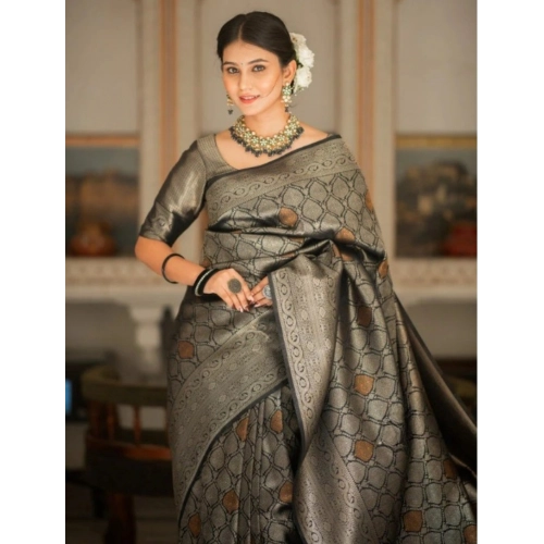 Women's Silk Printed Saree With Unstitched Blouse 5.5Mtr (Black)