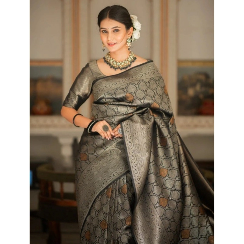 Women's Silk Printed Saree With Unstitched Blouse 5.5Mtr (Black)