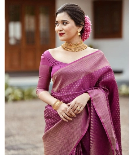 Generic Women's Silk Printed Saree With Unstitched Blouse 5.5Mtr (Purple)