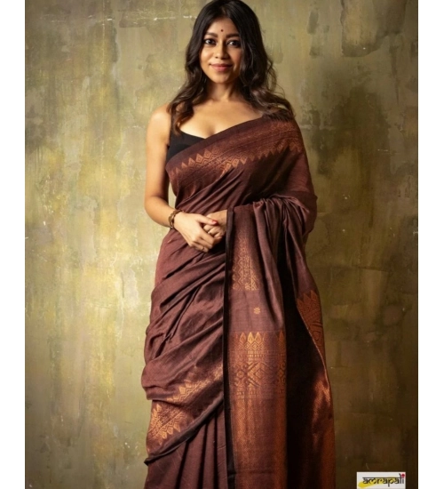 Generic Women's Silk Printed Saree With Unstitched Blouse 5.5Mtr (Coffee)