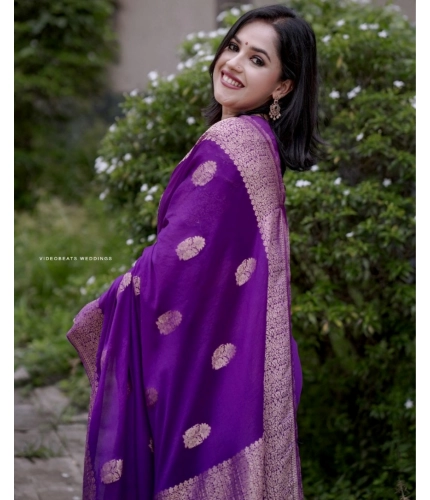 Generic Women's Silk Printed Saree With Unstitched Blouse 5.5Mtr (Purple)