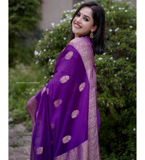 Generic Women's Silk Printed Saree With Unstitched Blouse 5.5Mtr (Purple)