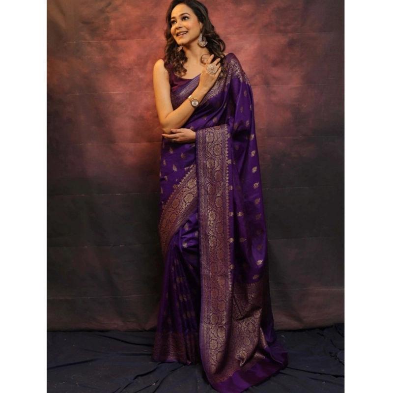 Women's Silk Printed Saree With Unstitched Blouse 5.5Mtr (Purple) Women's Silk Printed Saree With Unstitched Blouse 5.5Mtr (Purple)
