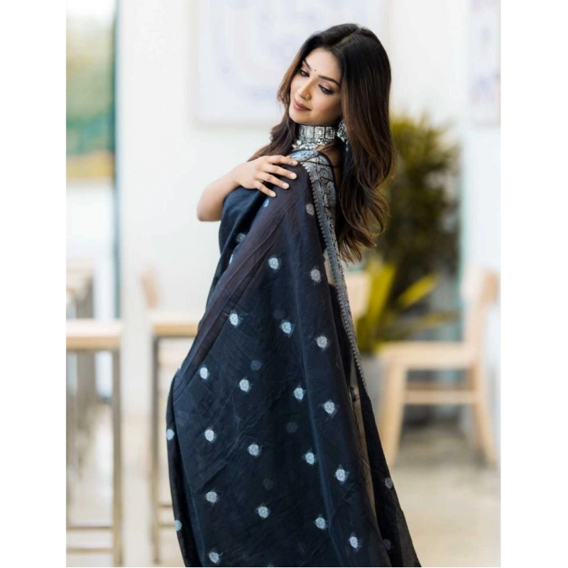 Women's Cotton  Printed Saree With Unstitched Blouse 5.5Mtr (Black)