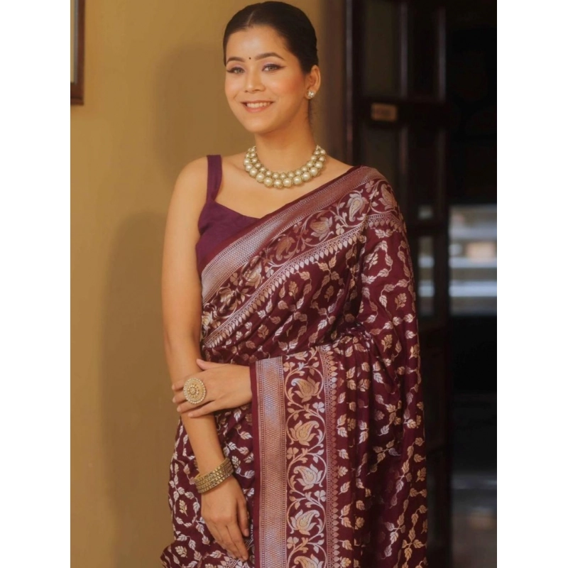 Women's Silk Printed Saree With Unstitched Blouse 5.5Mtr (Maroon)