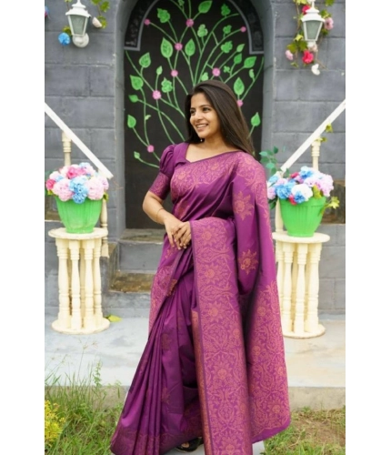 Generic Women's Silk Printed Saree With Unstitched Blouse 5.5Mtr (Purple)
