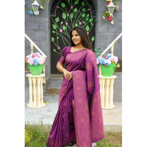Women's Silk Printed Saree With Unstitched Blouse 5.5Mtr (Purple) Women's Silk Printed Saree With Unstitched Blouse 5.5Mtr (Purple)