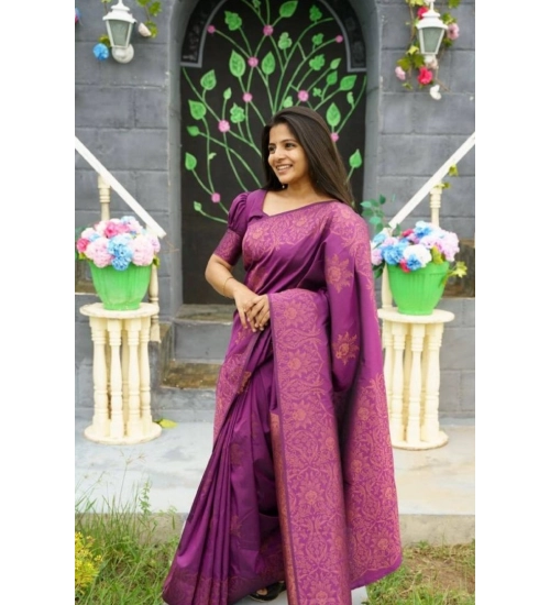 Generic Women's Silk Printed Saree With Unstitched Blouse 5.5Mtr (Purple)