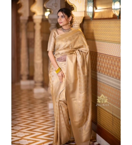 Generic Women's Silk Printed Saree With Unstitched Blouse 5.5Mtr (Cream)