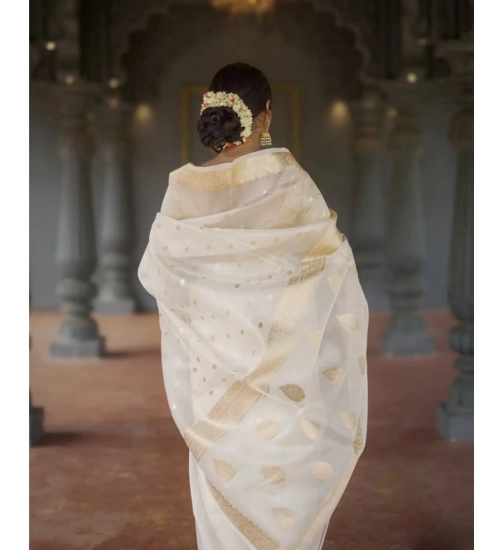 Generic Women's Cotton  Printed Saree With Unstitched Blouse 5.5Mtr (White)