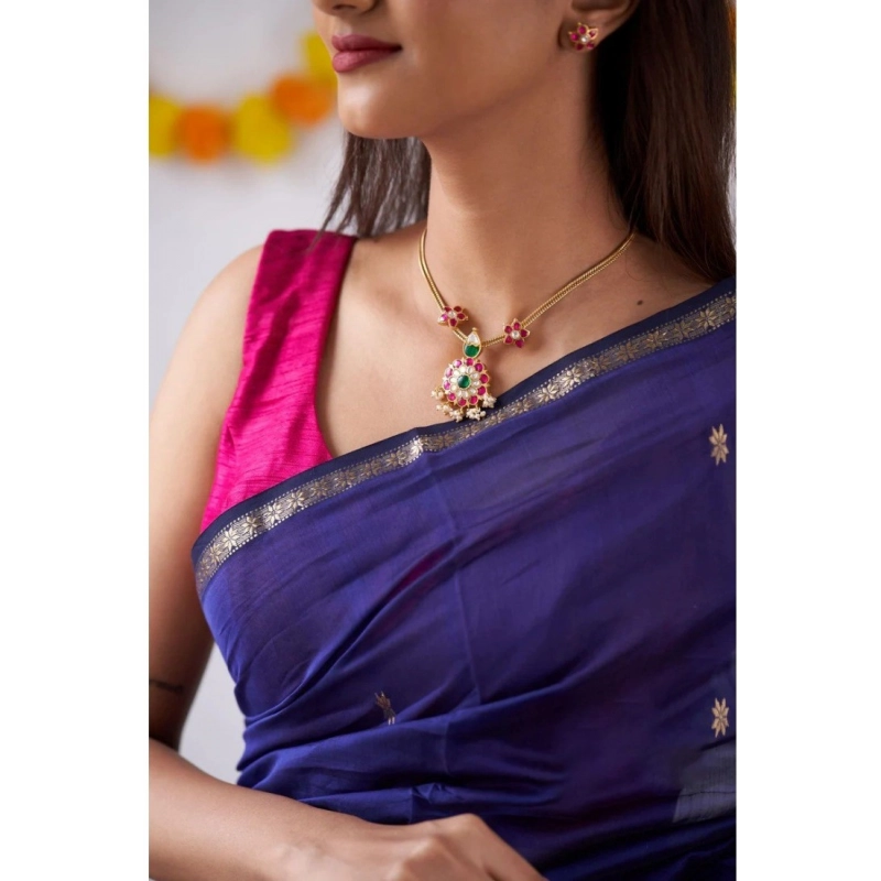 Women's Cotton  Printed Saree With Unstitched Blouse 5.5Mtr (Blue)