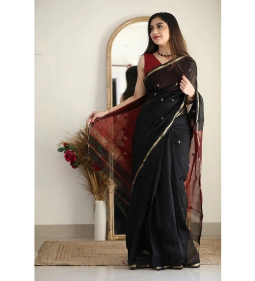 Generic Women's Cotton  Printed Saree With Unstitched Blouse 5.5Mtr (Black)