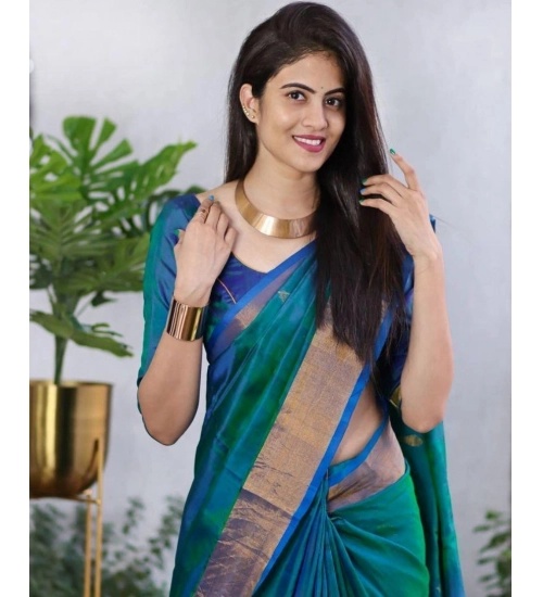 Generic Women's Silk Printed Saree With Unstitched Blouse 5.5Mtr (Blue)