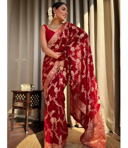 Generic Women's Silk Printed Saree With Unstitched Blouse 5.5Mtr (Red)