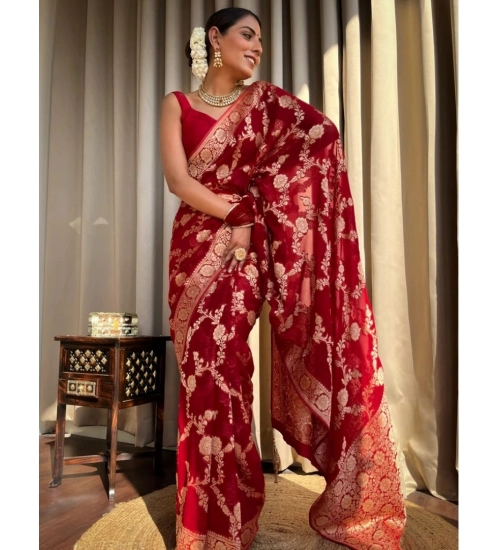 Generic Women's Silk Printed Saree With Unstitched Blouse 5.5Mtr (Red)
