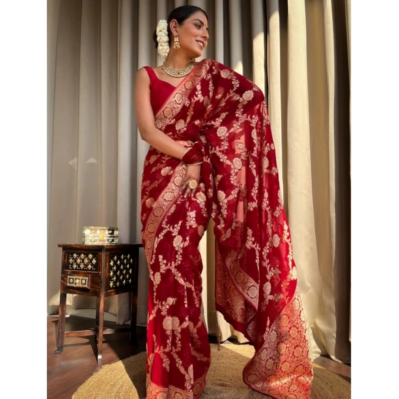 Women's Silk Printed Saree With Unstitched Blouse 5.5Mtr (Red) Women's Silk Printed Saree With Unstitched Blouse 5.5Mtr (Red)