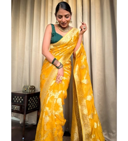 Generic Women's Silk Printed Saree With Unstitched Blouse 5.5Mtr (Gold Yellow)