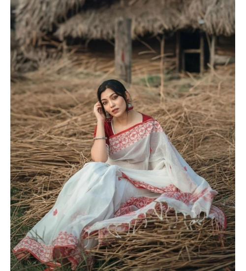 Generic Women's Cotton  Printed Saree With Unstitched Blouse 5.5Mtr (White-Red)