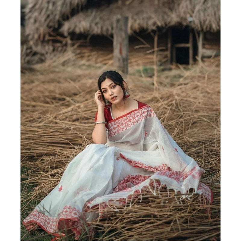 Women's Cotton Printed Saree With Unstitched Blouse 5.5Mtr (White-Red) Women's Cotton Printed Saree With Unstitched Blouse 5.5Mtr (White-Red)