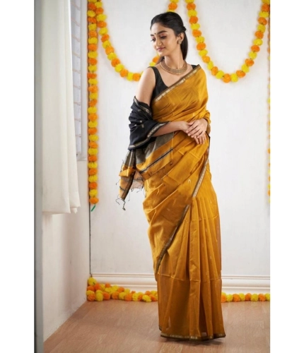 Generic Women's Cotton  Printed Saree With Unstitched Blouse 5.5Mtr (Yellow)