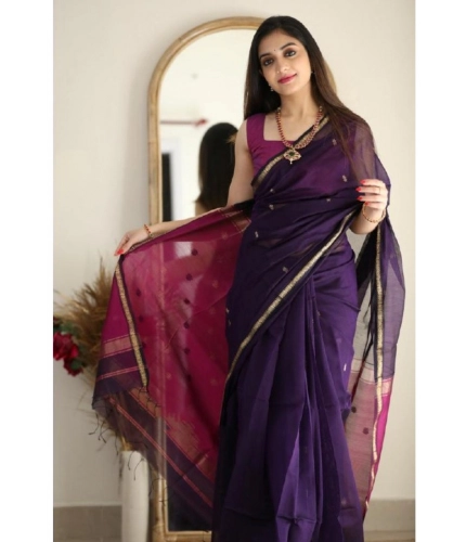 Generic Women's Cotton  Printed Saree With Unstitched Blouse 5.5Mtr (Navy Blue)