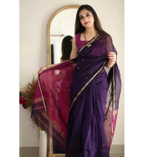 Generic Women's Cotton  Printed Saree With Unstitched Blouse 5.5Mtr (Navy Blue)