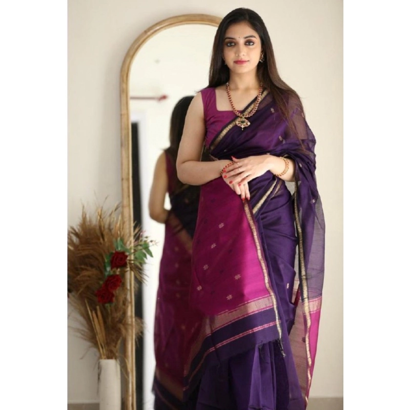 Women's Cotton  Printed Saree With Unstitched Blouse 5.5Mtr (Navy Blue)